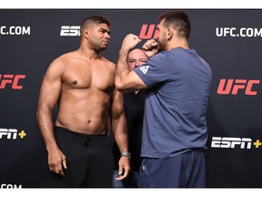 Opponents Alistair Overeem (left) and Augusto Sakai face off during the UFC Vegas 9 weigh-in at the UFC APEX on Sept. 4, 2020, in Las Vegas. Chris Unger/Zuffa LLC via Getty Images