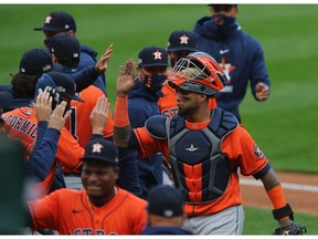 MINNEAPOLIS, MN - SEPTEMBER 29: Martin Maldonado #15 of the Houston Astros celebrates a win against the Minnesota Twins during game one of the American League Wildcard series at Target Field on September 29, 2020 in Minneapolis, Minnesota.  The Houston Astros defeated the Minnesota Twins 4-1.