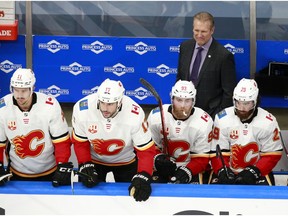 Calgary Flames head coach Geoff Ward looks on during Game 3 of their playoff qualification series against the Winnipeg Jets at Rogers Place in Edmonton on Aug. 4, 2020. Jeff Vinnick/Getty Images