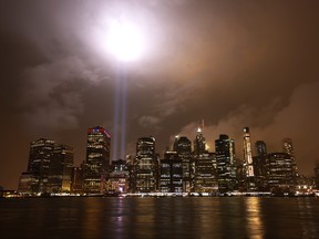 The 9/11 Tribute in Light shines above the lower Manhattan skyline on Sept. 10, 2020 in New York City.