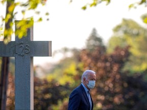 Democratic U.S. presidential nominee and former Vice President Joe Biden arrives to attend a morning service at St. Joseph's on the Brandywine Roman Catholic Church in Greenville, Delaware, Sept. 20, 2020.