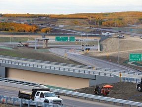 The large interchange at the Stoney Trail ring road with Glenmore Trail and Sarcee Trail is seen from an overpass on Wednesday, September 30, 2020.