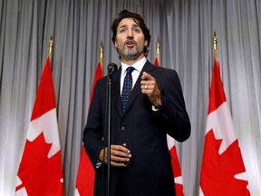 FILE PHOTO: Canada's Prime Minister Justin Trudeau speaks during a news conference at a cabinet retreat in Ottawa, Ontario, Canada September 14, 2020.