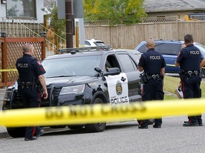 Calgary police investigate a fatal stabbing at the 4800 block of 1 Street N.E. in Calgary on Monday, September 21, 2020.