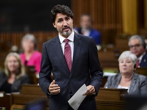 Prime Minister Justin Trudeau stands during question period in the House of Commons on Parliament Hill in Ottawa on Thursday, Sept. 24, 2020.