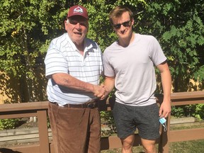 Bill Hay, left, won the Calder Trophy in 1960, back when he skated on the same line as Bobby Hull with the Chicago Blackhawks. Cale Makar, right, is now hoping to have his name engraved on that same award. Hay has been a friend of Makar's father, Gary, since before the rising-star defenceman was even born. (Supplied.)