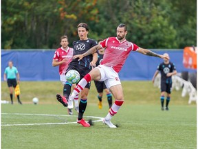 Canadian Premier League - Pacific FC  vs Cavalry FC - Charlottetown, PEI- Aug 30, 2020]. Cavalry FC #29 Marcus Haber reaches for the ball.