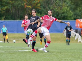 Cavalry FC’s Marcus Haber reaches for the ball during a match against Pacific FC in Charlottetown, P.E.I. on Aug. 30. Pacific FC won 2-1. CPL/Chant Photography