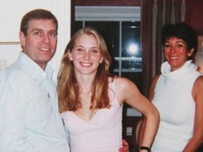 From left, Prince Andrew, one of Epstein's underage sex slaves Virginia Roberts and his alleged procurer, socialite Ghislaine Maxwell.