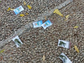 Packets that were dropped from a drone over a main Tel Aviv square and which Israeli police suspect contained cannabis are seen on the ground in Tel Aviv, Israel September 3, 2020.