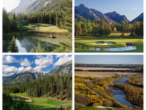 For Postmedia's Wes Gilbertson, the best shot in golf is the downhill Par-3. Here are a few of his favourites within easy driving distance of Calgary -- clockwise from top left, No. 4 at Fairmont Banff Springs, No. 4 at Kananaskis Country's Mount Kidd Course, No. 9 at Stewart Creek and No. 16 at the Links of GlenEagles. (Courtesy photos)