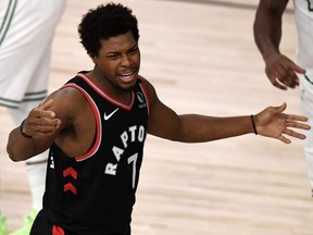 Raptors guard Kyle Lowry reacts during second quarter action against the Celtics in Game 4 of the Eastern Conference Second Round during the 2020 NBA Playoffs at the Field House at the ESPN Wide World Of Sports Complex in Lake Buena Vista, Fla., Saturday, Sept. 5, 2020.