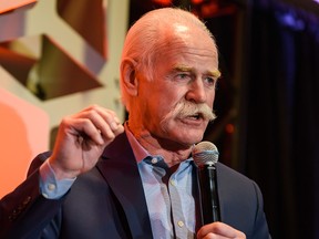 Calgary Flames legend Lanny McDonald speaks during the team's season luncheon at Scotiabank Saddledome on March 9, 2020.