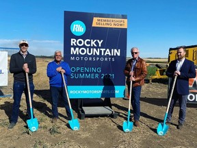 Officials break ground on the Rocky Mountain Motor Sports’ track near Carstairs on Thursday. From left, Whissell Contracting president Jarrad Whissell, founder Dan Petrin, founder and president Dominic Young and Volker Stevin Contracting general manager  James Wallace. Supplied photo