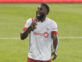 Toronto FC’s Jozy Altidore reacts after scoring during the second half against the Montreal Impact, in Montreal, Wednesday, Sept. 9, 2020.