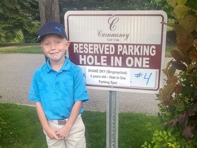 Five-year-old Shane Sky scored special parking privileges for his toy jeep after an ace at Carnmoney Golf Club. Supplied photo