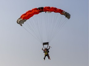 Skydivers help raise funds and awareness for children with cancer. Calgary realtor Brian van Vliet and nine others took fundraising and awareness to new heights for children with cancer when they complete a tandem jump from 13,000 feet at Alberta Skydive Central (Innisfail Airport Hwy, AB-54, Red Deer County, Alberta).