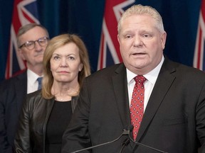 Ontario Premier Doug Ford with Minister of Health Christine Elliott and Ontario Chief Medical Officer of Health Dr. David Williams.