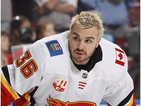 SUNRISE, FL - MARCH 1: Zac Rinaldo #36 of the Calgary Flames warms up prior to the game against the Florida Panthers at the BB&T Center on March 1, 2020 in Sunrise, Florida.