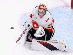 Cam Talbot of the Calgary Flames makes a second period save against the Dallas Stars in Game 5 of their Western Conference first-round series at Rogers Place in Edmonton on Aug. 18, 2020. Jeff Vinnick/Getty Images