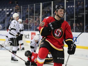 Calgary Flames forward prospect Luke Philp celebrates after scoring a goal for the American Hockey League’s Stockton Heat.