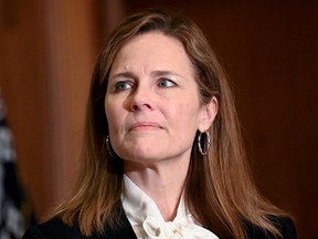 Judge Amy Coney Barrett, President Donald Trump's nominee to the Supreme Court, attends a meeting with Senator Kevin Cramer (R-ND) on Capitol Hill in Washington October 1, 2020.