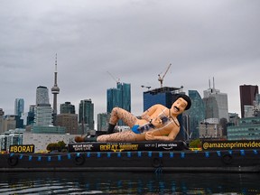 A 40-foot inflatable Borat statue floated along Toronto's Harbourfront Thursday.