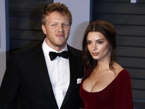 Sebastian Bear-McClard and Emily Ratajkowski attend the 2018 Vanity Fair Oscar Party hosted by Radhika Jones at Wallis Annenberg Center for the Performing Arts, Beverly Hills, Calif., March 4, 2018.