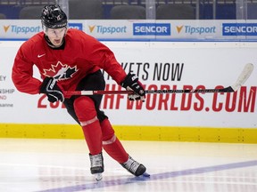 In this Jan. 1, 2020, file photo, Canada's Alexis Lafreniere skates during practice at the World Junior Hockey Championship in Ostrava, Czech Republic.