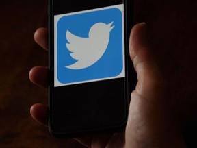 In this file illustration photo taken on May 27, 2020 a Twitter logo is displayed on a mobile phone in Arlington, Virginia.