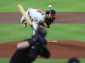Atlanta Braves starting pitcher Ian Anderson pitches against the Miami Marlins in Game 2 of the 2020 NLDS at Minute Maid Park in Houston on Oct. 7, 2020. Thomas Shea/USA TODAY Sports