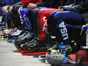 Athletes lace up for the 2018 ISU World Cup Short Track Speed Skating championships held at the Olympic Oval in Calgary on Friday, November 2, 2018.
