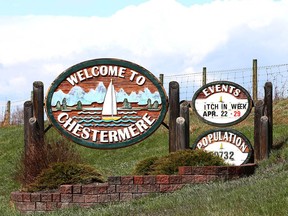 A sign welcoming visitors to the City of Chestermere town hall is pictured on westbound Highway 1 on Wednesday, May 8, 2019. The city is about 20 km east of Calgary and has a population of about 20,000.