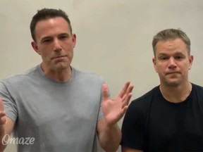 In a video for Omaze, Ben Affleck, left, and Matt Damon say they are treating one lucky fan to lunch in Los Angeles if they donate to their charities.