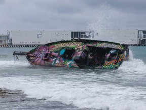 A boat is aground near the beach after Hurricane Delta caused damages in Cozumel on Oct. 7, 2020 in Cozumel, Mexico.