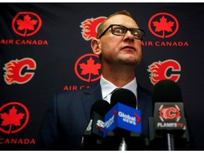 Calgary Flames general manager Brad Treliving shares his thoughts with media on the up coming NHL trade deadline at the Scotiabank Saddledome in Calgary on Saturday, February 24, 2018. Al Charest/Postmedia