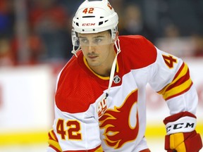 The Calgary Flames’ Glenn Gawdin during warm-up before taking on the Anaheim Ducks at the Scotiabank Saddledome in Calgary on Feb. 17, 2020.