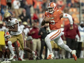 Clemson Tigers quarterback D.J. Uiagalelei runs for a 30-yard touchdown against the Boston College Eagles at Memorial Stadium in Clemson, S.C.. on Oct. 31, 2020.