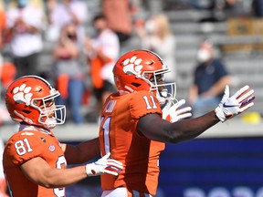 Clemson Tigers wide receiver Ajou Ajou (11) celebrates after he scored a touchdown against the Georgia Tech Yellow Jackets at Bobby Dodd Stadium in Atlanta on Oct. 17, 2020. Clemson won 73-7.