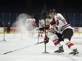 Connor Zary skates during the Kubota OHL/NHL Top Prospects team on-ice skills testing in Hamilton, Ont., on Jan. 15, 2020.