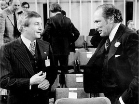 Alberta premier Peter Lougheed with Canadian prime minister Pierre Trudeau at an energy conference in Ottawa in 1975. EDMONTON SUN QMI AGENCY
