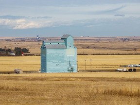 The old-style grain elevator in Arrowwood, Ab., with the new elevator at Gleichen in the background on Tuesday, October 27, 2020.