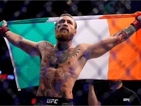Conor McGregor celebrates his win against Donald Cerrone at T-Mobile Arena on January 18, 2020.