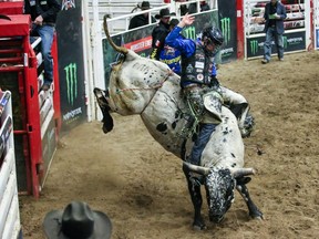 Dakota Buttar, of Kindersley, Sask., scored an impressive 87.5 on Pound Sand to emerge as champion with a total of 285.5 on three bulls during PBR Canada’s Monster Energy Tour event at Calgary’s Nutrien Western Event Centre at Stampede Park on Jan. 25, 2020.
