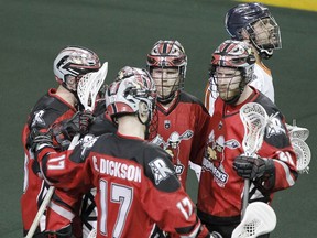 The Calgary Roughnecks celebrate after scoring a goal against the New York Riptide at the Saddledome in Calgary on Feb. 8, 2020. Brendan Miller/Postmedia