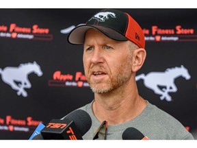 Calgary Stampeders head coach Dave Dickenson talks to the media after team practice on Aug, 6, 2019.