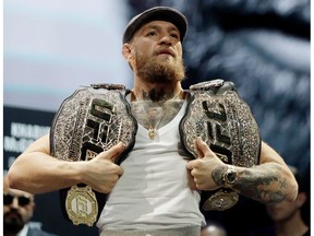 Conor McGregor poses for cameras following a press conference for UFC 229 at Park Theater at Park MGM on October 03, 2018 in Las Vegas, Nevada.