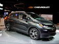 A 2018 Chevrolet Bolt EV is displayed during the North American International Auto Show in Detroit, Mich., Jan. 9, 2017.