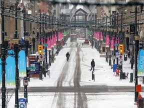 Stephen Avenue Mall was quiet in downtown Calgary on Thursday, March 19, 2020. The early stages of the COVID-19 pandemic left many businesses closed and office workers at home.