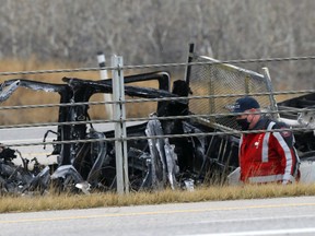 Calgary police investigate a serious single vehicle accident on Stoney Trail and 52 str. S.E. sending a person to hospital in critical condition in Calgary on Saturday, November 7, 2020. Darren Makowichuk/Postmedia